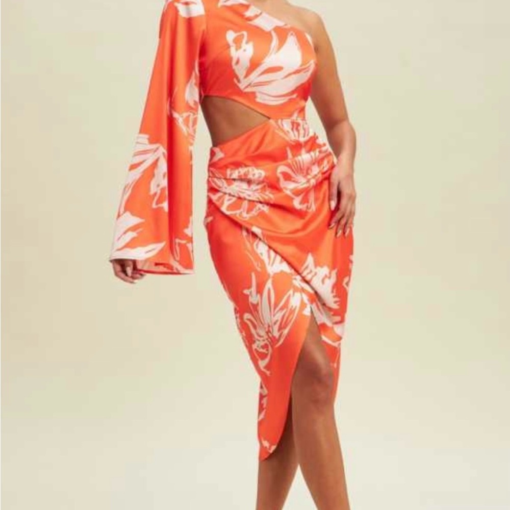 Orange Floral One-Shoulder Dress